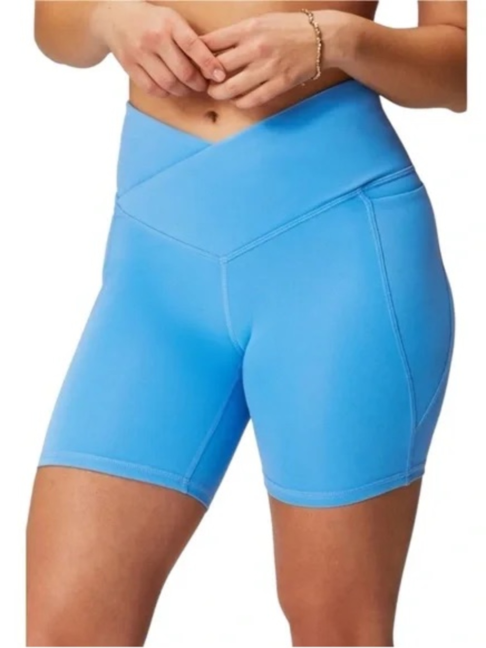Fabletics Oasis PureLuxe Crossover 6'' Biker Shorts in Cerulean Blue - Picture 2 of 7